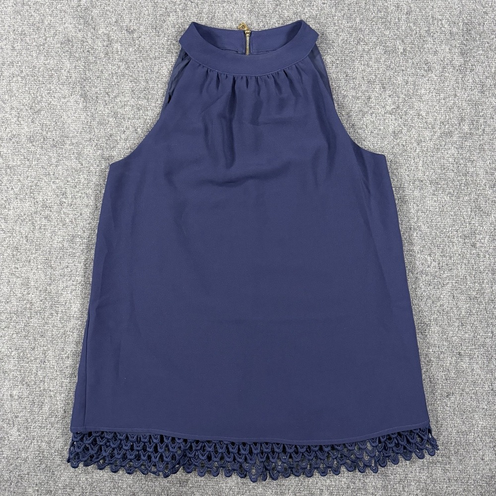 Sail To Sable Top Womens XS Navy Blue Halter Tank Scalloped Lace Hem